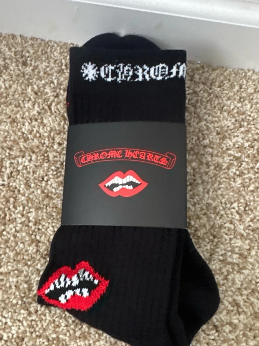 Chrome Hearts Black Crew Socks with Red Lip Motif Pattern